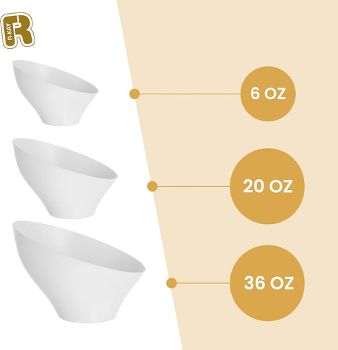 R-kay 6 Pack Angled White Plastic Serving Bowls, 6 Oz, Heavy Duty Disposable Bowls for Events