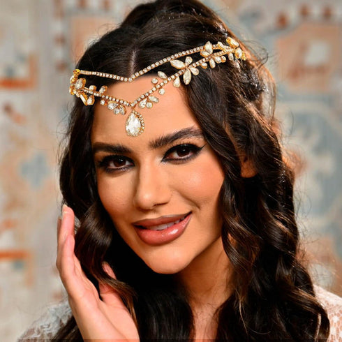 CLOACE Rhinestone Headband Gold Leave Pendant Headpiece Bride Wedding Crystal Hair Accessories for Women and Adult