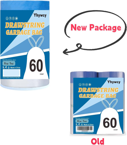 60 Count 6 Gallons Drawstring Garbage Bags for Office, Living Room, Kitchen, Bathroom