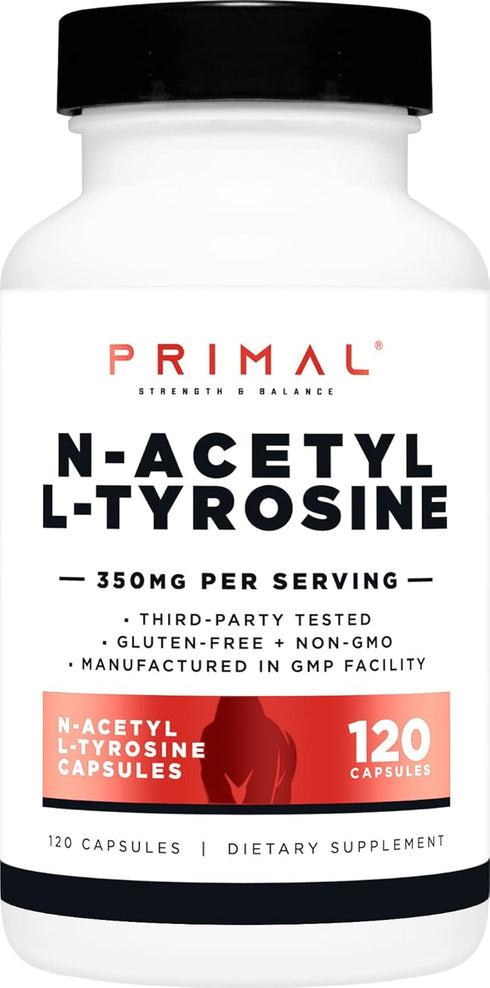 Primal N-Acetyl L-Tyrosine Capsules (120 Servings, 350mg Per Serving) - Gluten Free, Non-GMO Amino Acid Supplement