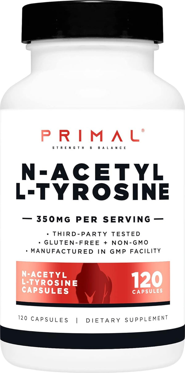 Primal N-Acetyl L-Tyrosine Capsules (120 Servings, 350mg Per Serving) - Gluten Free, Non-GMO Amino Acid Supplement