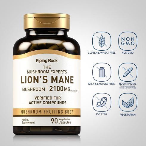 Piping Rock Lions Mane Supplement Capsules | 90 Count | 2100mg | Vegetarian, Non-GMO, Gluten Free | Hericium Erinaceus