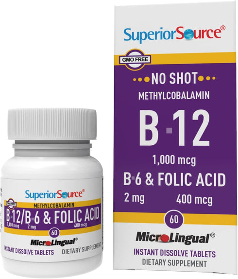 Superior Source No Shot Vitamin B12 Methylcobalamin (1000 mcg), 60 Ct - Quick Dissolve MicroLingual Tablets for Energy