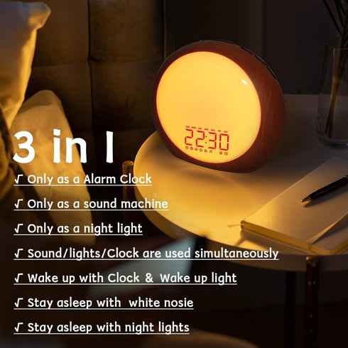 Sunset Snooze 25 Wake Up Light Sunrise Alarm Clock White Noise Machine with Sunrise Simulation for Heavy Sleepers Kids