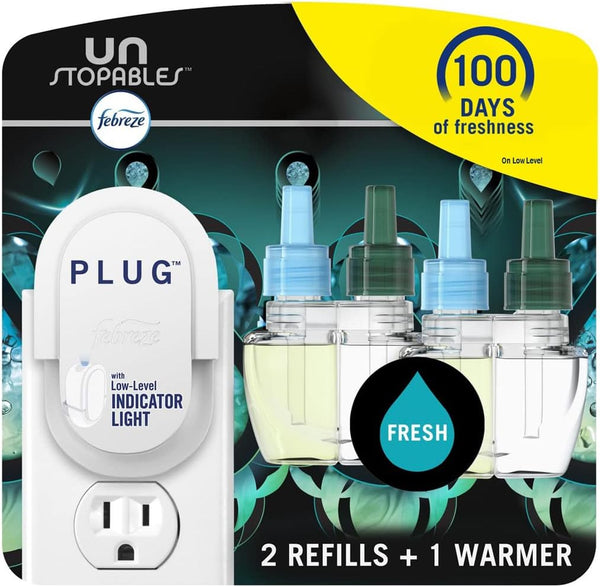 Febreze Air Freshener Plug In, Wall Diffuser, Unstopables Fresh Scent, Odor Fighter, 1 Warmer + 2 Oil Refills