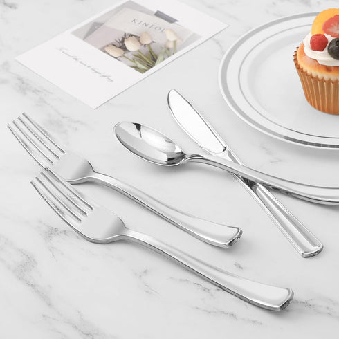 200PCS Silver Plastic Silverware - Heavy Duty Disposable Cutlery Set of 100 Forks, 50 Spoons, 50 Knives for Parties &