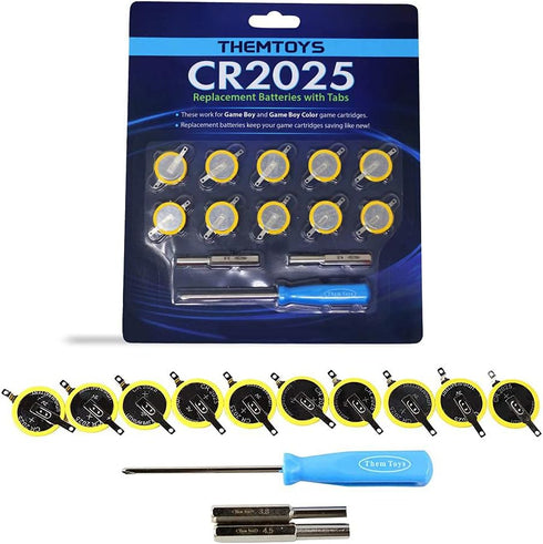 Tabbed CR2025 Batteries 10-pack, 3v Lithium Battery for Gameboy Cartridge, Solder Tabs