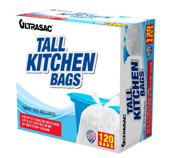 Ultrasac 13 Gallon Tall Kitchen Bags, 0.6 MIL, 120 Pack, 24" x 27", For Home, Kitchen, Office, White
