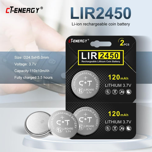 Rechargeable CR2450 Batteries 2 Pack High Capacity 3.7V Lir2450 Button Battery