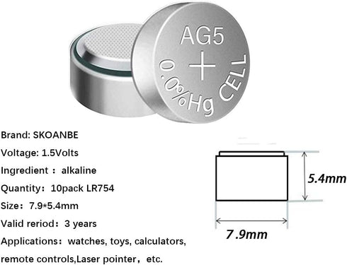 SKOANBE LR754 309/393 ag5 1.5V Watch Button Cell Batteries for Laser(10-Pack)