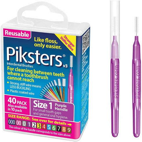 Piksters Interdental Brushes, Size 1, 40 pk, Safe for Braces, Gum Soft Bristles for Plaque Removal, Tight Gaps