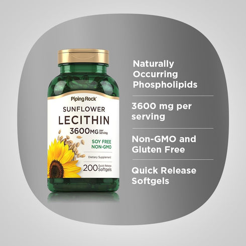 Piping Rock Sunflower Lecithin Softgel Capsules, 200 Count, Rich in Phosphatidylcholine - Soy Free, Non-GMO
