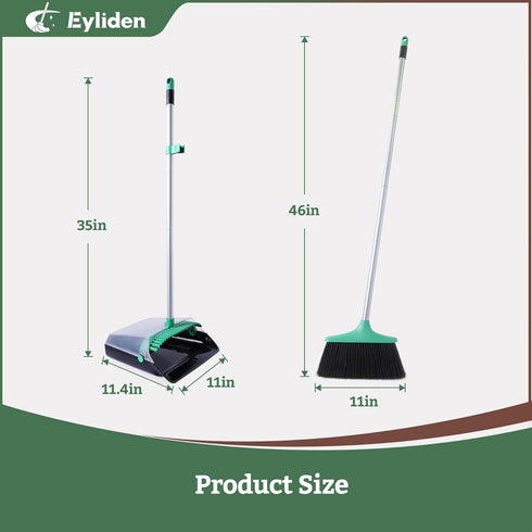 Eyliden Broom and Dustpan Combo Set, Stand Up Dustpan with Long Handle for Home Office Kitchen Lobby, Black & Green