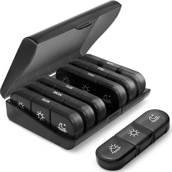 PULIV Portable Travel Pill Organizer 3 Times a Day, 7 Day Light-Proof Pill Case for Vitamins and Medication (Black)
