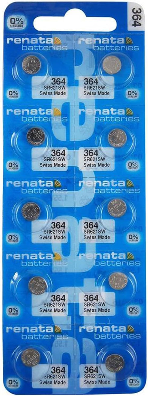 Renata 364 SR621SW Silver Oxide Watch Batteries - 1.55V (10 Count)
