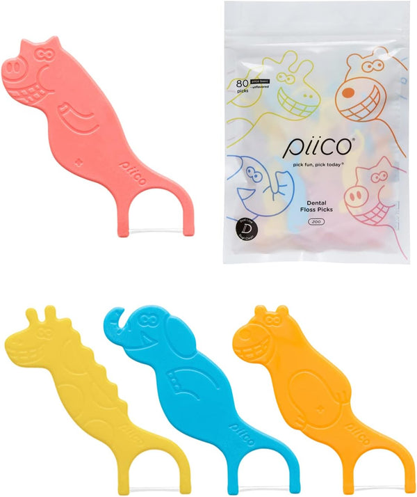 Piico Unflavored Kids Floss - No Fluoride Dual Line Dental Floss Picks, Fun Oral Care in Colorful Design - 80 Count Zoo