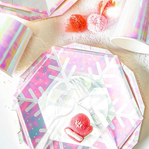 Snowflake Wonderland Party Supplies, Disposable Glitter Iridescent Pink Paper Plates Freezing Winter Tableware