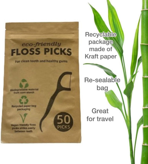 Sofi's Cute Corner Bamboo Toothbrushes, Soft Charcoal Bristles 4 Pcs, Eco Friendly Dental Floss Pick, Charcoal Thread