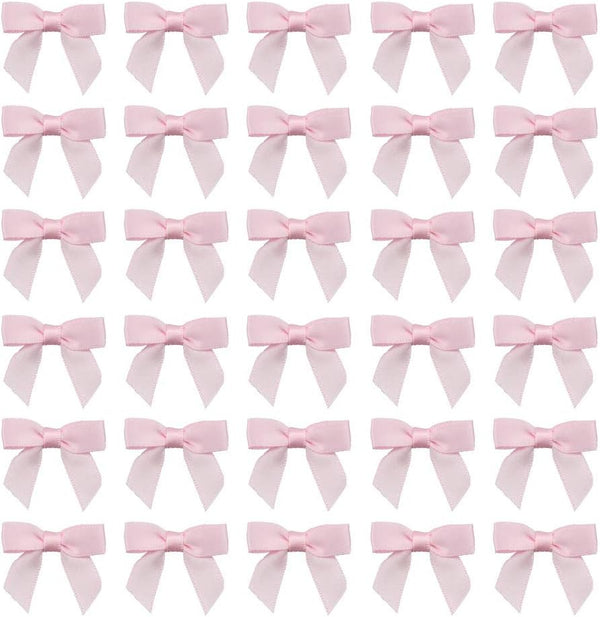 7Rainbows 50pcs Boutique Mini Bows, 1.5" Pink Satin Ribbon for Craft Sewing, Scrapbooking, Gift Wrapping