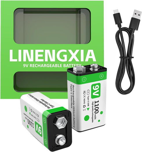 LINENGXIA 9V 1100mAh Lithium Rechargeable Batteries (2-Pack Green) with Type-C Cable | 1200