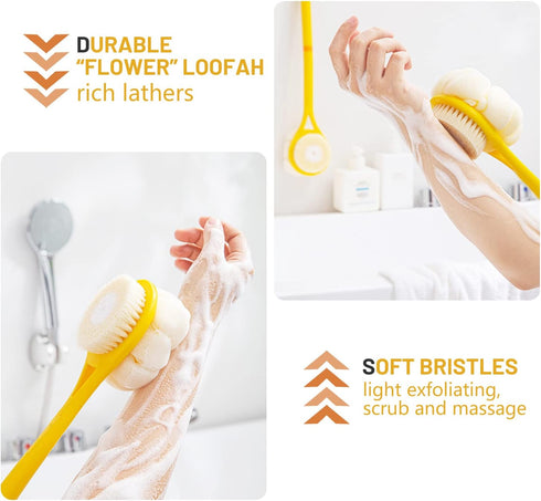 Shower Body Brush with Soft Bristles and Pumpkin Loofah, 14” Long Handle Back Scrubber for Skin Exfoliating Bath