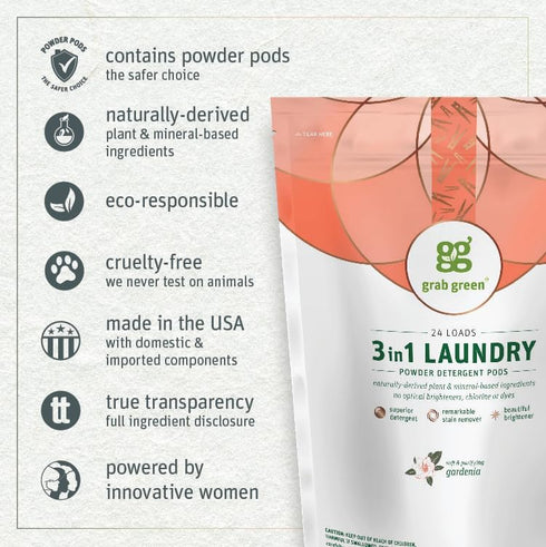 Grab Green 3-in-1 Laundry Detergent Pods, 24 Count, Gardenia Scent, Plant and Mineral Based, Superior Cleaning