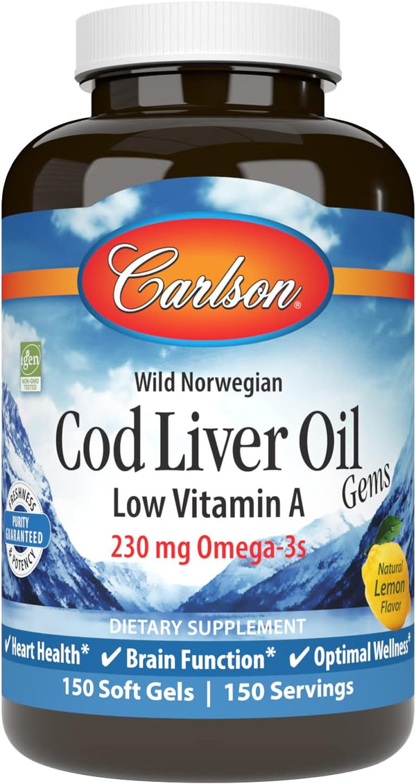 Carlson - Cod Liver Oil Gems, Low Vitamin A, 230 mg Omega-3s, 150 Softgels