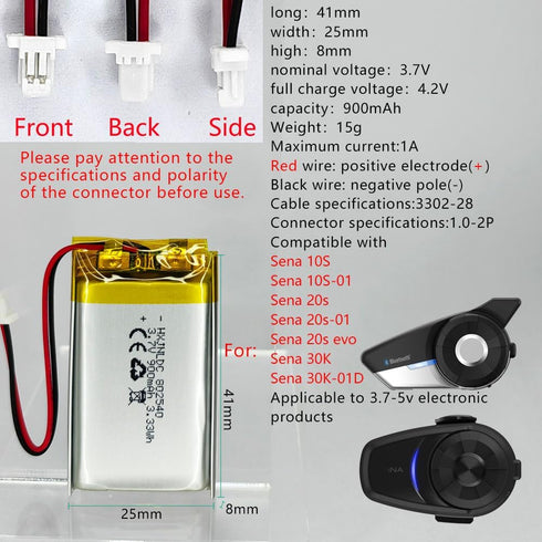 802540 3.7v 900mAh Lithium Battery for Sena 10S and 20S Series Bluetooth Headset Replacement