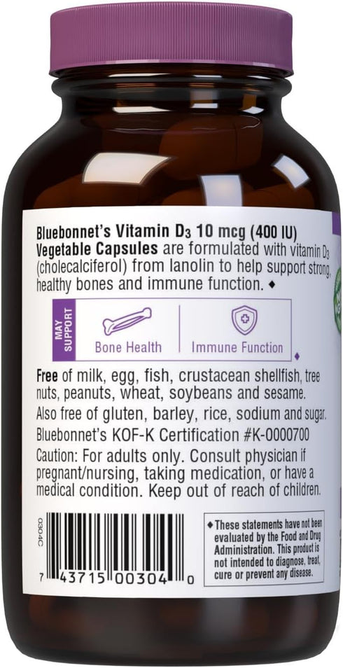 Bluebonnet Nutrition Vitamin D3 400 IU Vegetable Capsule, 90 Count - Aids Muscle & Skeletal Growth, Non-GMO