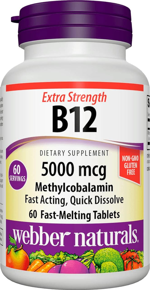 Webber Naturals Vitamin B12 5,000 mcg - 60 Quick Dissolve Tablets for Energy Production & Metabolism