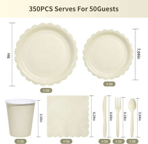 Set 350PCS (50 7"&9" 9oz Goodluck Ivory Scalloped Disposable Tableware - Guests), Plates, Cups, Napkins, Cutlery, Food
