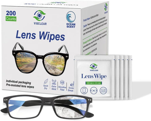 VisClear Lens Wipes for Eyeglasses, 200 Counts, Extra Moist Individually Wrapped Eyeglass Cleaner