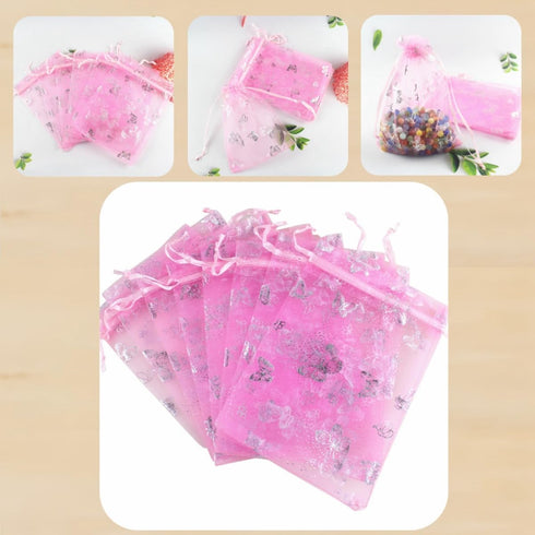 QIANHAILIZZ 5 x 7 Inch 100 Pink Butterfly Organza Jewelry Gift Pouch Candy Pouches Drawstring Wedding Favor Bags