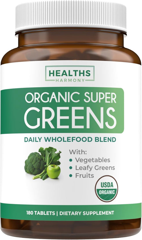 USDA Organic Greens Powder (180 Tablets) Complete Superfood Supplement with 28 Fruits & Vegetables for Energy & Immune