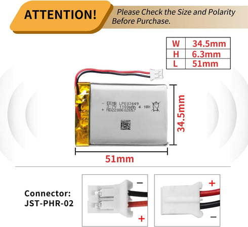 EEMB 3.7V Lithium Ion Battery 1100mAh 603449 Rechargeable Pack with Wire JST Connector for Speaker, Dashcam