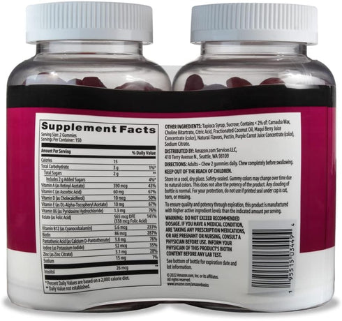 Amazon Basics Adult Multivitamin for Men & Women, 300 Gummies with Vitamins A, C, D, E, B-6 and B-12, 150 Count (Pack of 2) (150 Day Supply) (Previously Solimo)