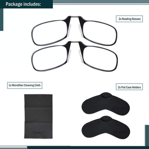 Noble Ultra Slim Flat Reading Glasses, 2 Pairs, Armless Pocket Size Readers with Enhanced Comfort Nose Rest (Black,