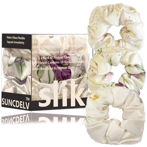 Suncdelv 100% Silk Scrunchies for Hair 22 Momme Hair Ties Anti-Crease & Breakage 3PCS (Flower)
