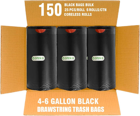 150 Count Bulk Value Pack Drawstring Trash Bags, 4-6 Gallon, Black & Unscented, Multi-purpose Garbage Bags