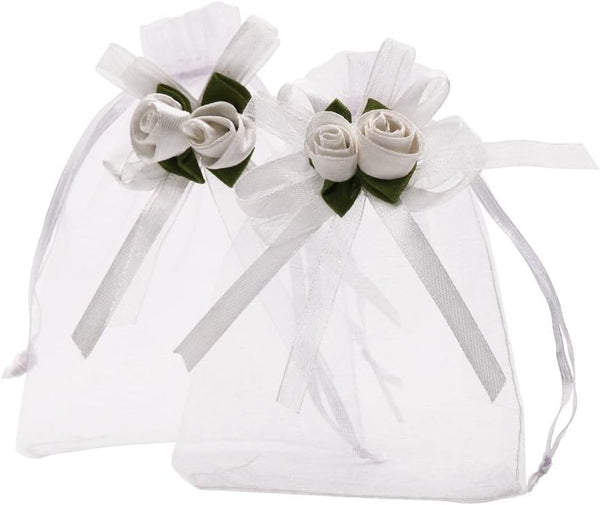 SumDirect Rose Organza Gift Bags, 50 Pcs 4x5 inch White Wedding Favor Bags with Drawstring for Party