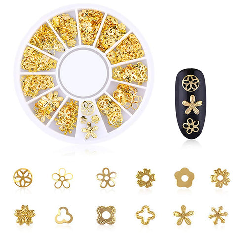 WOKOTO 6 Boxes Gold Nail Charms Studs, 3D Nail Art Jewelry Decoration Kit with Tweezers and Picker Pencil
