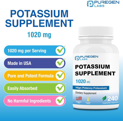 Puregen Labs Potassium Bicarbonate Supplement 1020 mg | Non-GMO | Gluten Free | 240 Vegetarian Capsules Made in USA