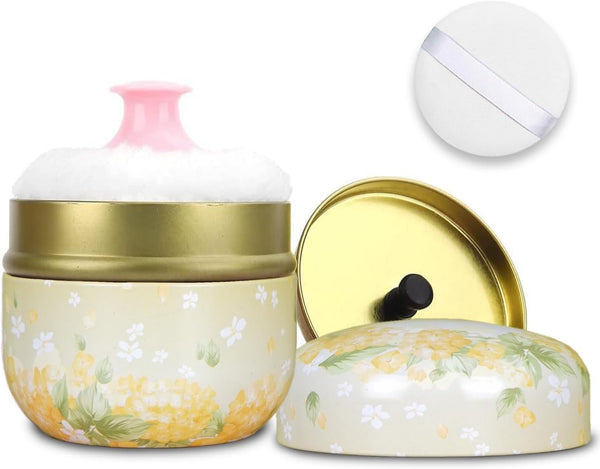 Body Powder Puff and Container, Portable Empty Powder Case for Baby Women's Loose Dusting Powder, Yellow Flower