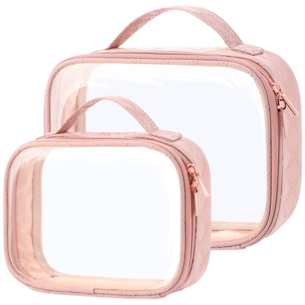 PACKISM TSA Approved Toiletry Bag - 180° Large Opening Clear Makeup Bags with Handle, Rose Pink