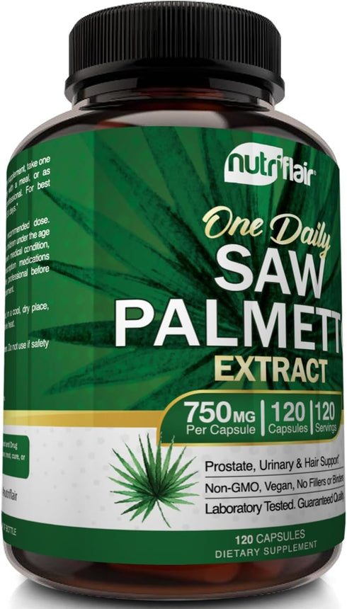 NutriFlair Saw Palmetto Extract 750mg, 120 Capsules, Natural Prostate Supplement, Berry Health Support