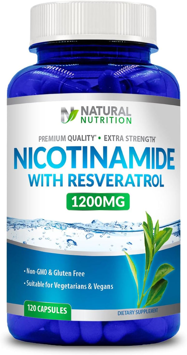 Natural Vitamin Extra Strength Nicotinamide with Resveratrol 1200mg, 120 Veggie Capsules Gluten Free & Non-GMO
