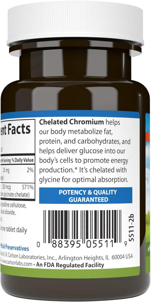 Carlson Chelated Chromium 200 mcg 100 Tablets | Superior Absorption for Healthy Metabolism & Wellness
