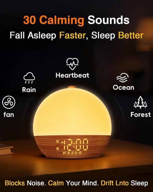 Thybro 30 Sunrise Alarm Clock with Sound Machine - Wake Up Light, Wood Grain, Bluetooth, Dual Digital Alarm Clocks