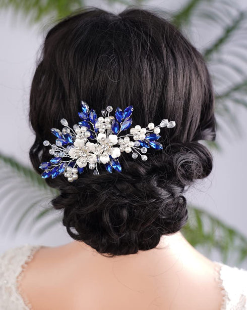 Kercisbeauty Flower Hair Comb for Women and Girls, Wedding Bridal Crystal Hair Piece in Blue