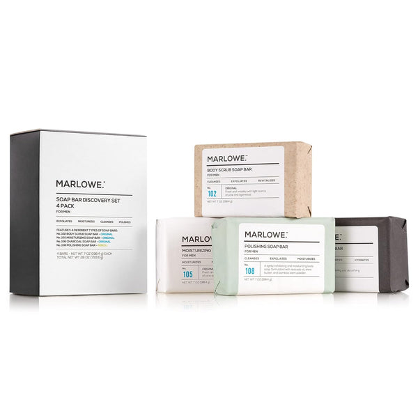 MARLOWE. Soap Discovery Gift Set, Men's Skin Care Variety with Exfoliating Body Scrub, 4 Pack